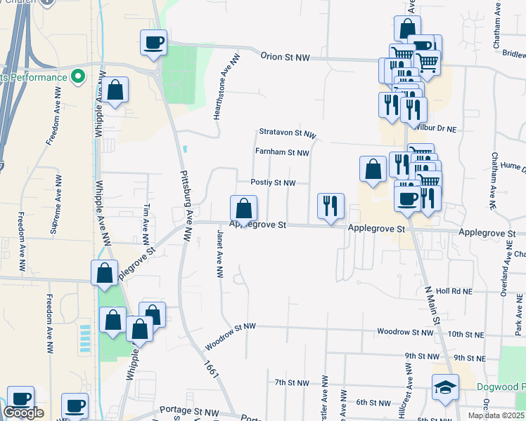 map of restaurants, bars, coffee shops, grocery stores, and more near 1425 Lupe Avenue Northwest in North Canton