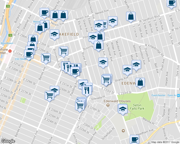 map of restaurants, bars, coffee shops, grocery stores, and more near 4048 Bruner Avenue in Bronx