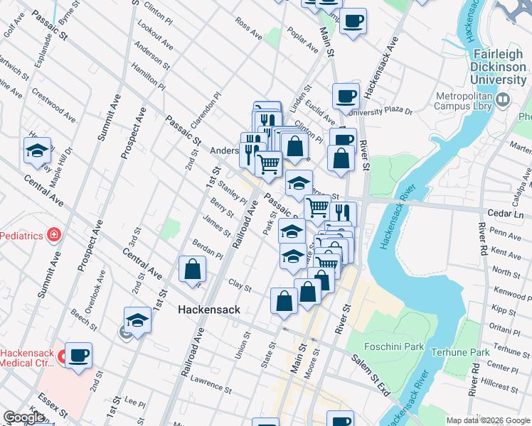 map of restaurants, bars, coffee shops, grocery stores, and more near 391 Park Street in Hackensack