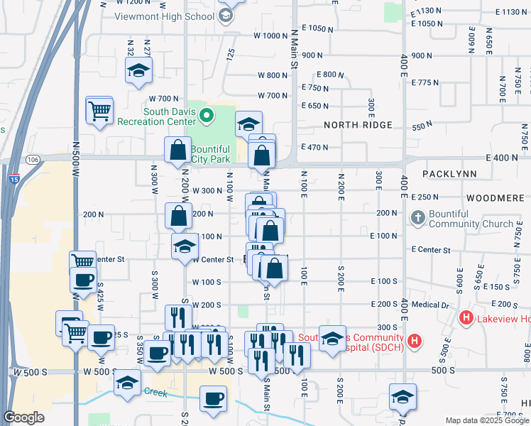 map of restaurants, bars, coffee shops, grocery stores, and more near 3 200 North in Bountiful