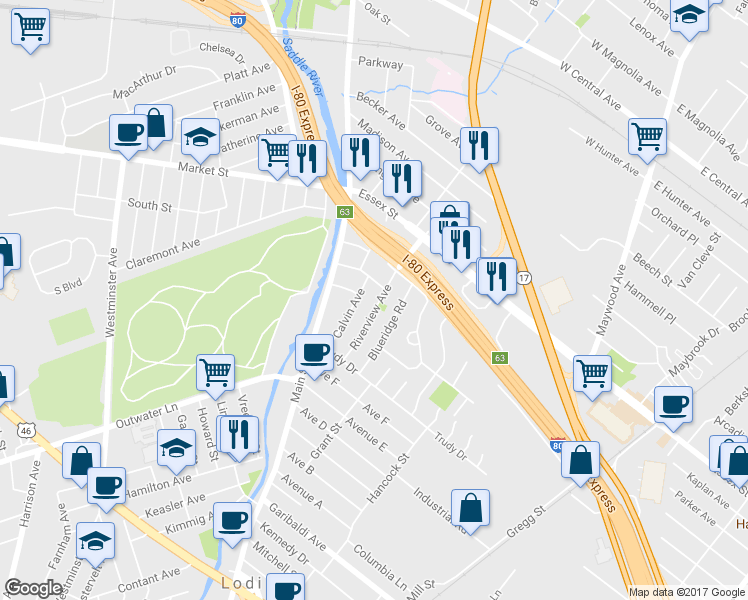 map of restaurants, bars, coffee shops, grocery stores, and more near 15 Riverview Avenue in Lodi
