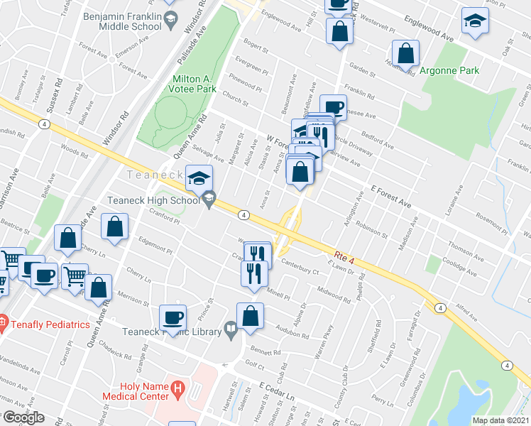 map of restaurants, bars, coffee shops, grocery stores, and more near 1072 Anna Street in Teaneck