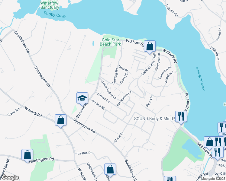 map of restaurants, bars, coffee shops, grocery stores, and more near 3 Lane L in Huntington