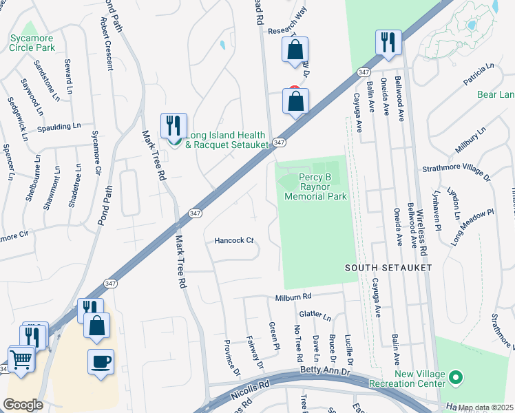 map of restaurants, bars, coffee shops, grocery stores, and more near 5 Betsy Ross Court in Centereach