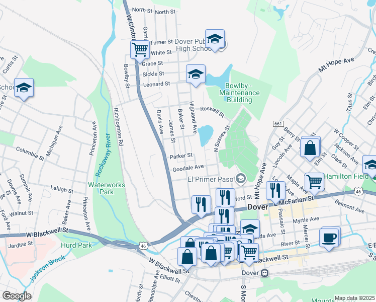 map of restaurants, bars, coffee shops, grocery stores, and more near 92 Baker Street in Dover