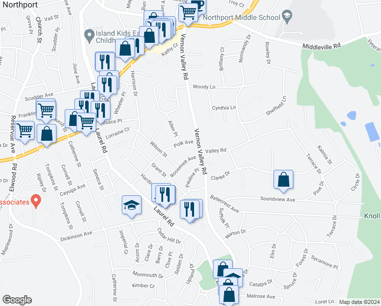 map of restaurants, bars, coffee shops, grocery stores, and more near 49 Roosevelt Avenue in East Northport