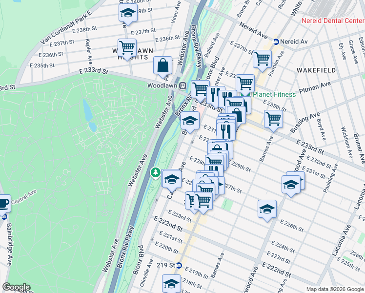 map of restaurants, bars, coffee shops, grocery stores, and more near 4064 Bronx Boulevard in The Bronx