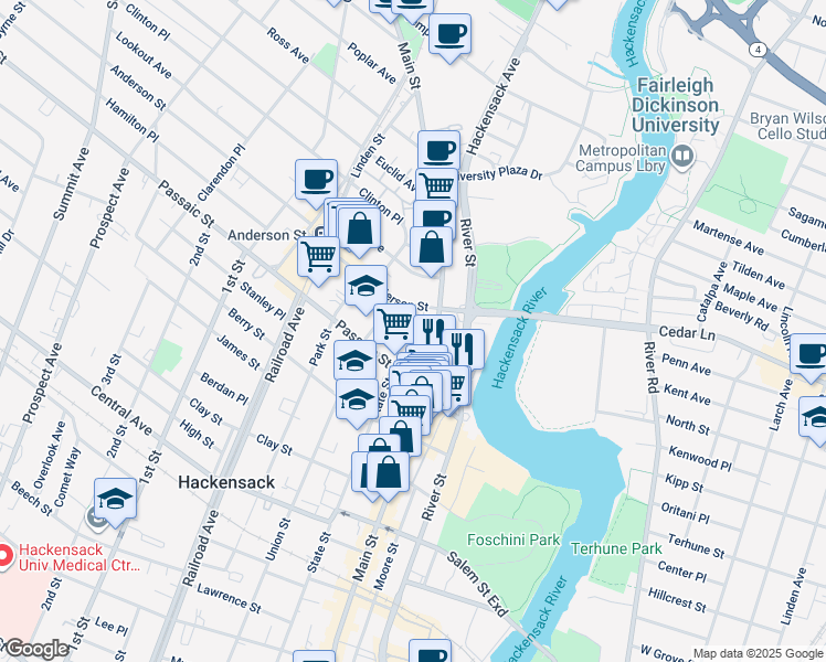map of restaurants, bars, coffee shops, grocery stores, and more near 409 Main Street in Hackensack