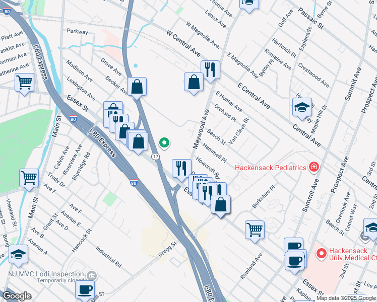 map of restaurants, bars, coffee shops, grocery stores, and more near 65 Maywood Avenue in Maywood