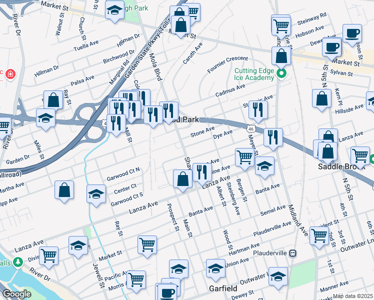 map of restaurants, bars, coffee shops, grocery stores, and more near 372 Dye Avenue in Elmwood Park