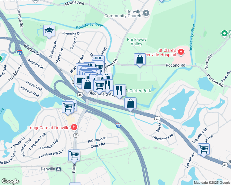 map of restaurants, bars, coffee shops, grocery stores, and more near 112 Broadway in Denville