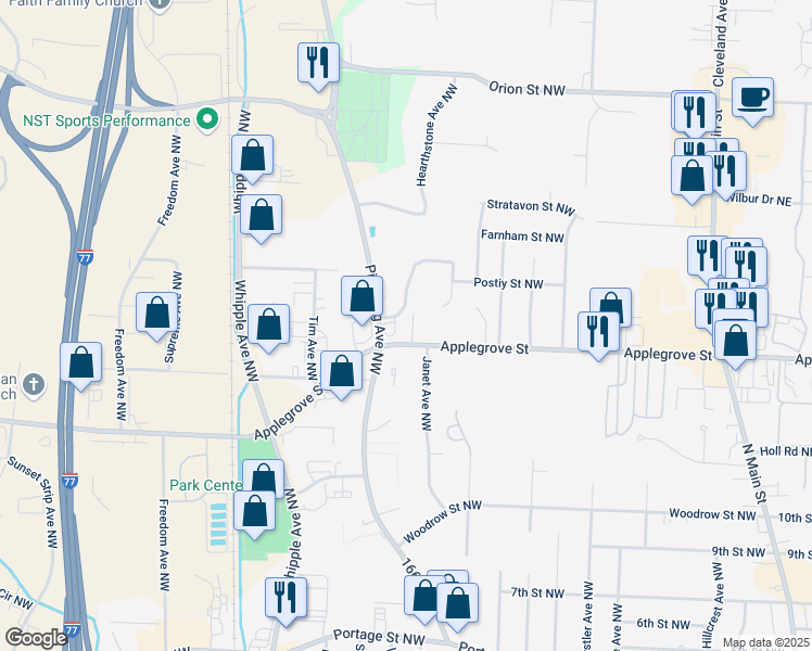 map of restaurants, bars, coffee shops, grocery stores, and more near 1113 Applegrove Street Northwest in North Canton