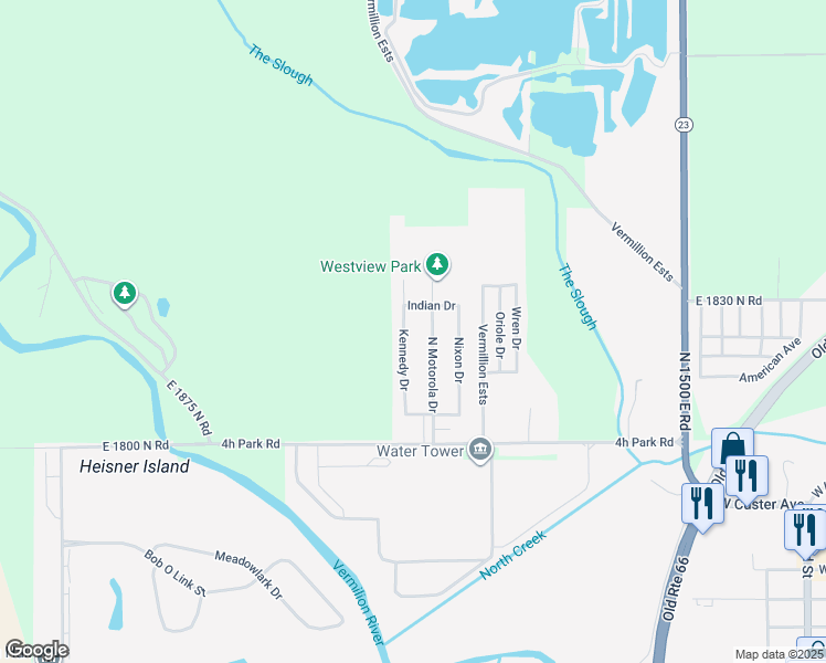 map of restaurants, bars, coffee shops, grocery stores, and more near 1403 North Motorola Drive in Pontiac