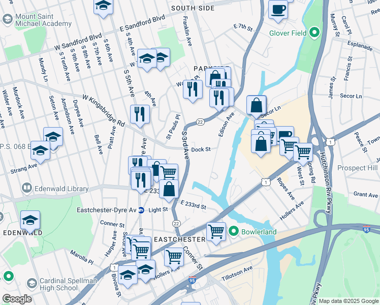 map of restaurants, bars, coffee shops, grocery stores, and more near 783 South 3rd Avenue in Mount Vernon