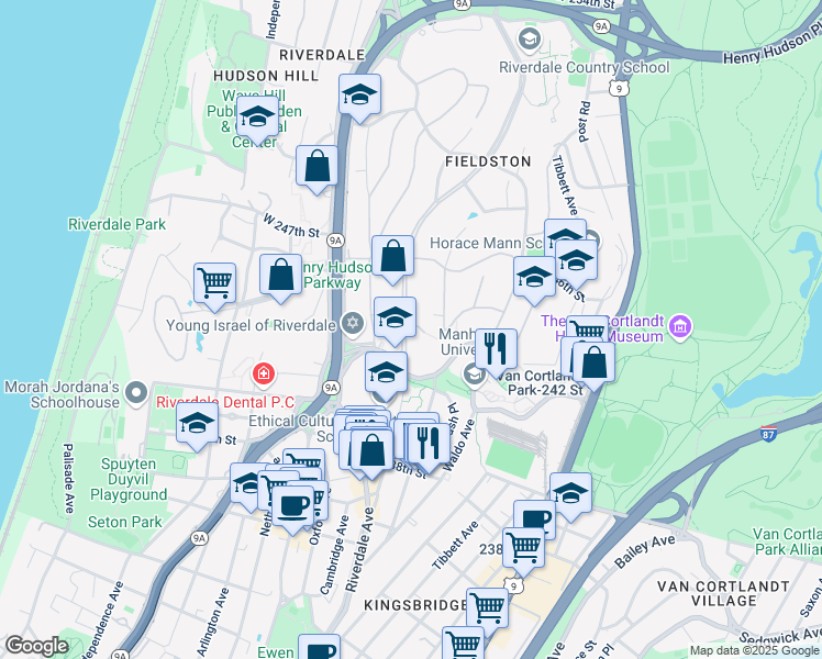 map of restaurants, bars, coffee shops, grocery stores, and more near 430 West 245th Street in Bronx