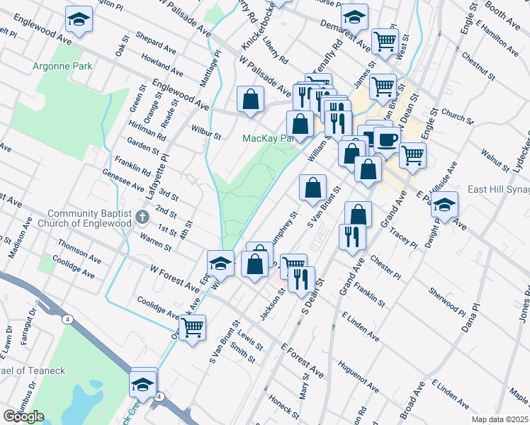 map of restaurants, bars, coffee shops, grocery stores, and more near 144 William Street in Englewood