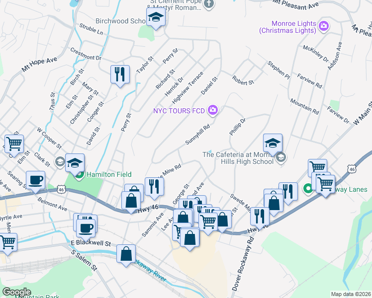 map of restaurants, bars, coffee shops, grocery stores, and more near 10 Sunnyhill Road in Dover