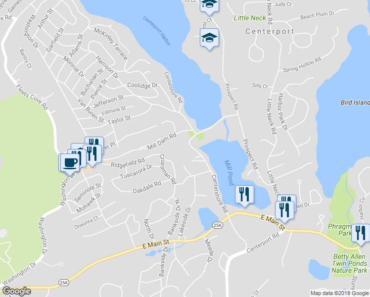 map of restaurants, bars, coffee shops, grocery stores, and more near 81 Centershore Road in Centerport
