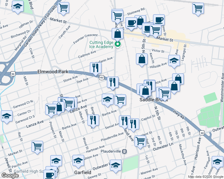 map of restaurants, bars, coffee shops, grocery stores, and more near 515 Madeline Avenue in Garfield