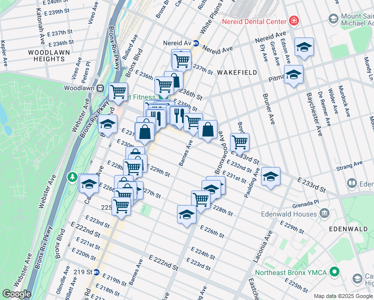 map of restaurants, bars, coffee shops, grocery stores, and more near Barnes Ave & Old White Plains Rd in Bronx
