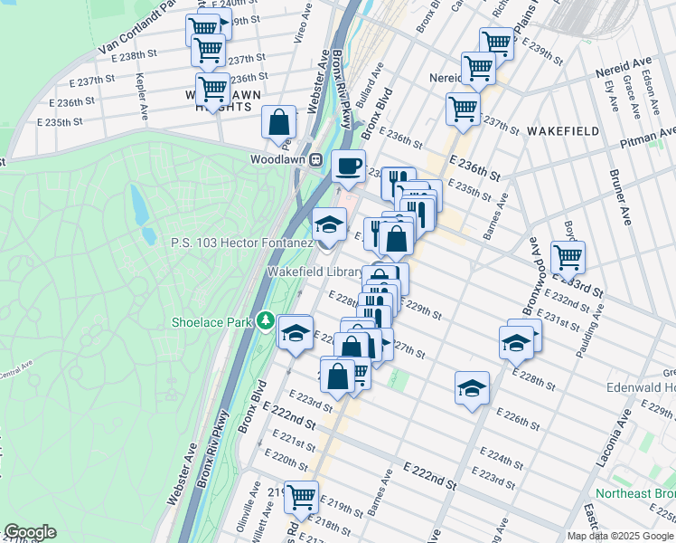 map of restaurants, bars, coffee shops, grocery stores, and more near 629 East 229th Street in Bronx