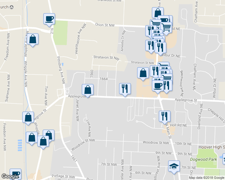 map of restaurants, bars, coffee shops, grocery stores, and more near 1427 Ellesmere Avenue Northwest in North Canton