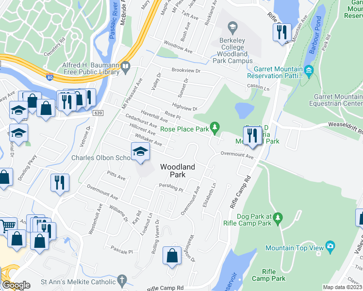map of restaurants, bars, coffee shops, grocery stores, and more near 157 Meriline Avenue in Woodland Park