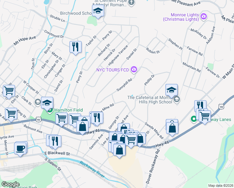 map of restaurants, bars, coffee shops, grocery stores, and more near 10 Sunnyhill Road in Dover