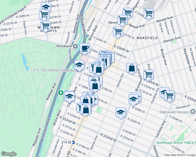 map of restaurants, bars, coffee shops, grocery stores, and more near in The Bronx
