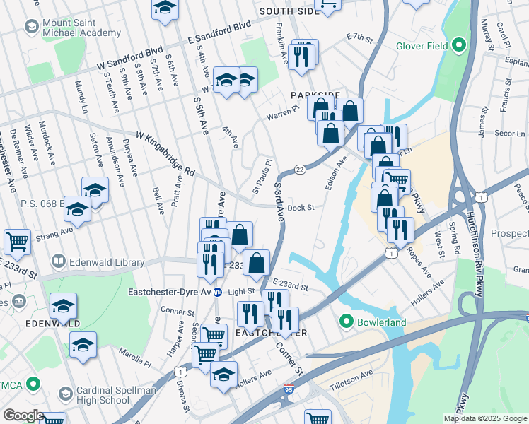 map of restaurants, bars, coffee shops, grocery stores, and more near 144 East Kingsbridge Road in Mount Vernon