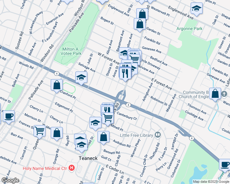 map of restaurants, bars, coffee shops, grocery stores, and more near 1086 Teaneck Road in Teaneck