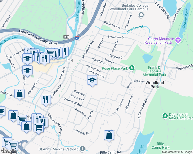 map of restaurants, bars, coffee shops, grocery stores, and more near 46 Meriline Avenue in Woodland Park