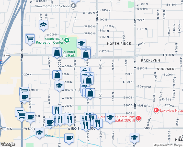 map of restaurants, bars, coffee shops, grocery stores, and more near 51 East 200 North in Bountiful
