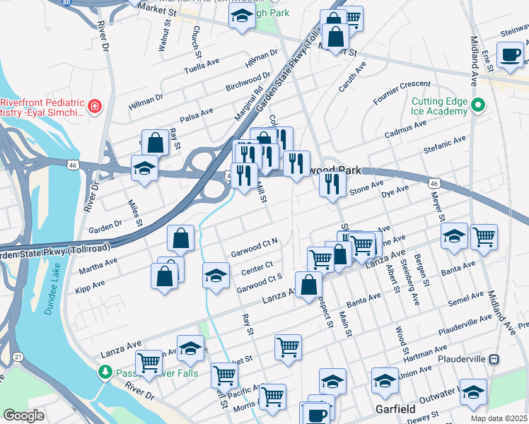 map of restaurants, bars, coffee shops, grocery stores, and more near 246 Martha Avenue in Elmwood Park