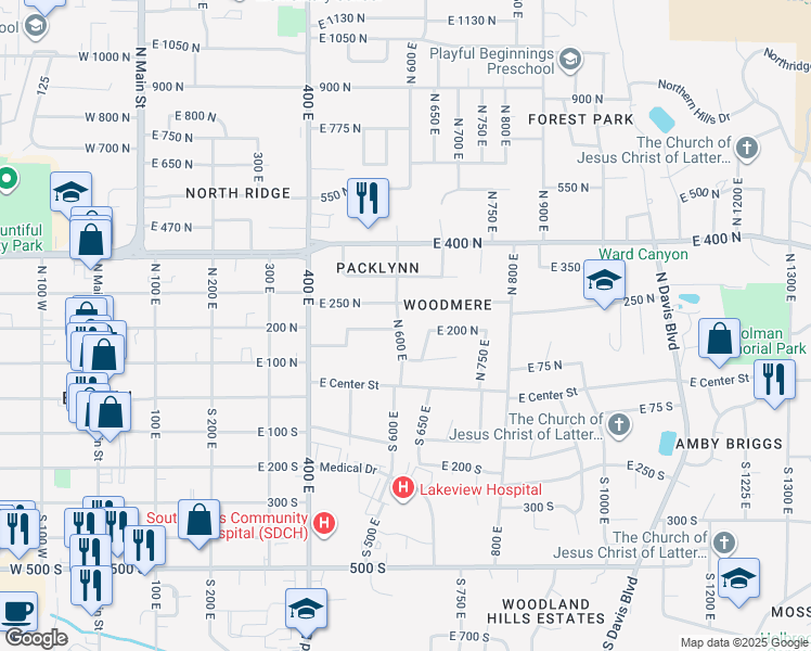 map of restaurants, bars, coffee shops, grocery stores, and more near 210 N 600 E in Bountiful