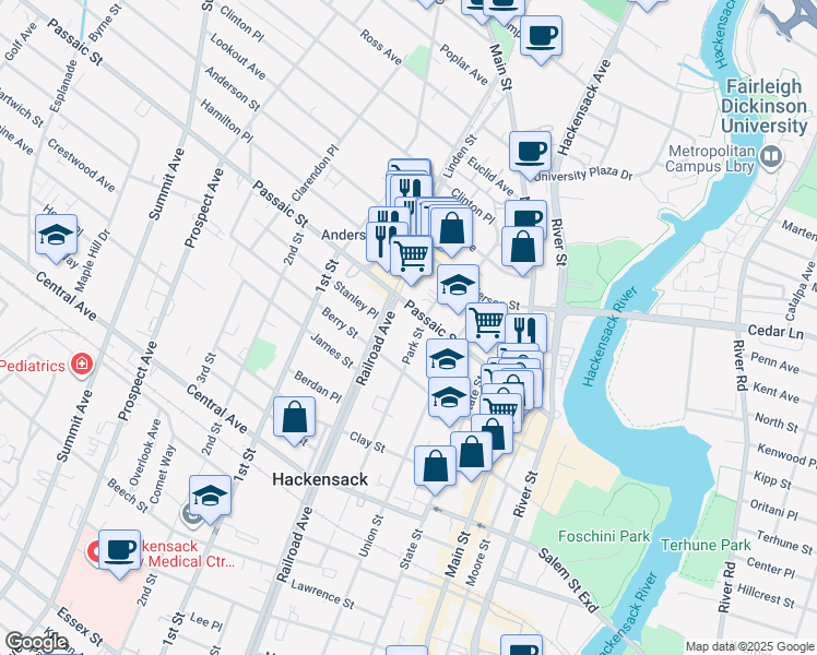 map of restaurants, bars, coffee shops, grocery stores, and more near 390 Railroad Avenue in Hackensack