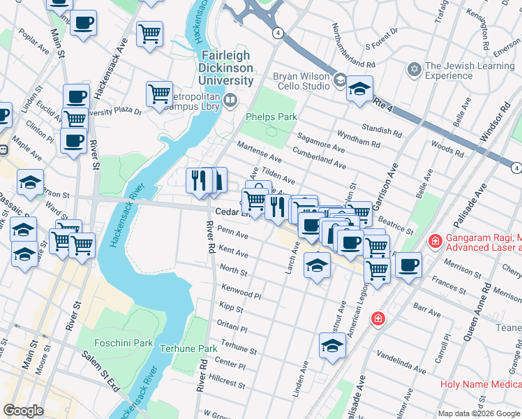 map of restaurants, bars, coffee shops, grocery stores, and more near 647 Cedar Lane in Teaneck