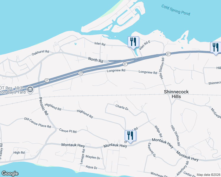 map of restaurants, bars, coffee shops, grocery stores, and more near 121 Boathouse Road in Southampton