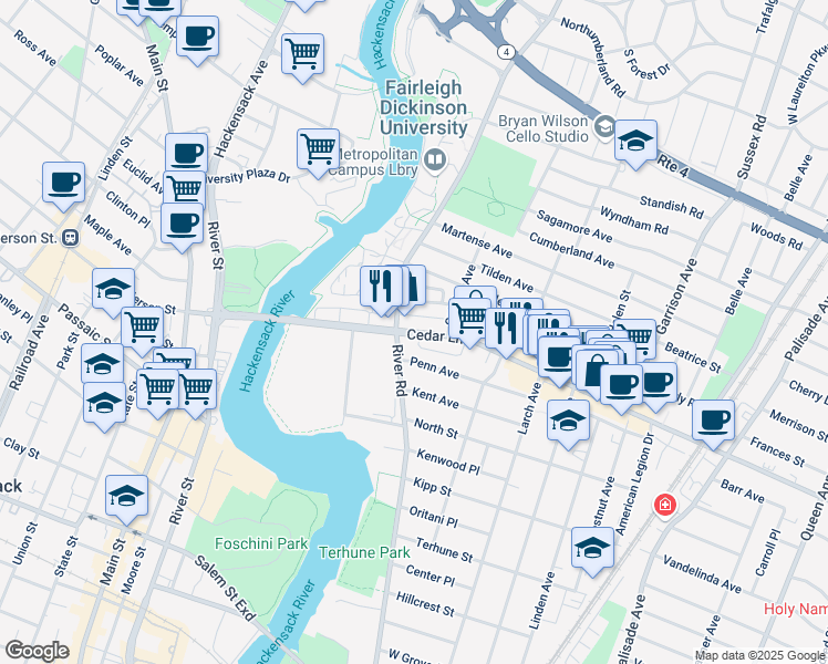 map of restaurants, bars, coffee shops, grocery stores, and more near 715 Cedar Lane in Teaneck