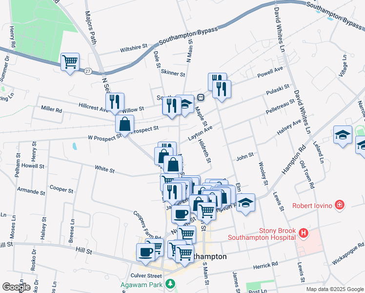 map of restaurants, bars, coffee shops, grocery stores, and more near 96 North Main Street in Southampton