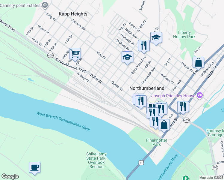 map of restaurants, bars, coffee shops, grocery stores, and more near 5th St in Northumberland