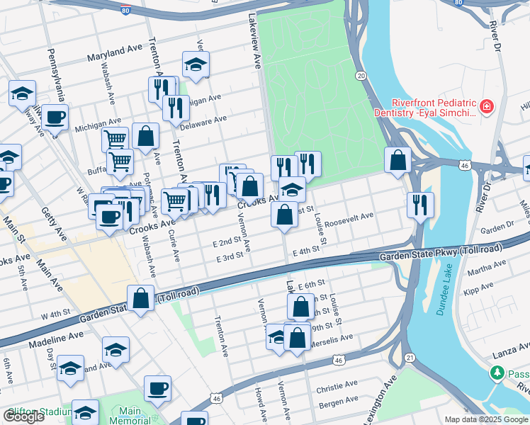 map of restaurants, bars, coffee shops, grocery stores, and more near 186 East 1st Street in Clifton