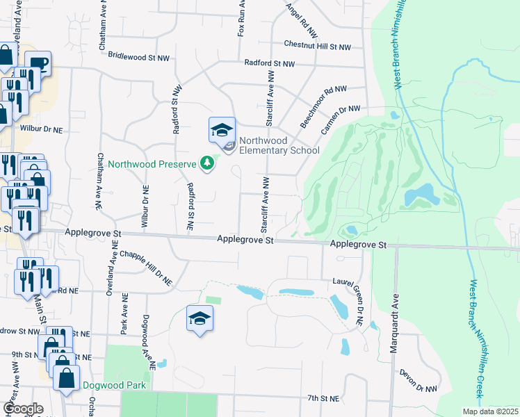 map of restaurants, bars, coffee shops, grocery stores, and more near 7155 Starcliff Avenue Northwest in North Canton
