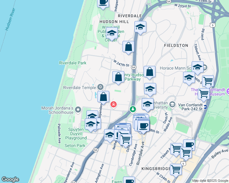 map of restaurants, bars, coffee shops, grocery stores, and more near 4598 Independence Avenue in The Bronx