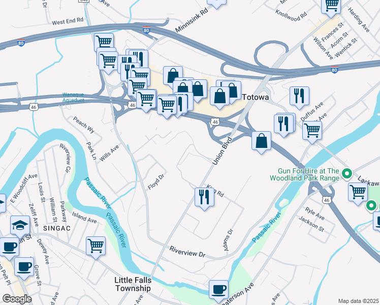 map of restaurants, bars, coffee shops, grocery stores, and more near 701 Union Boulevard in Totowa