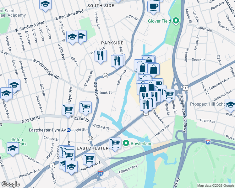 map of restaurants, bars, coffee shops, grocery stores, and more near 39 Edison Avenue in Mount Vernon