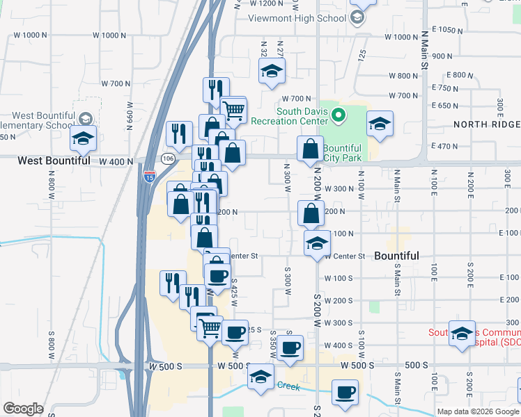map of restaurants, bars, coffee shops, grocery stores, and more near 404 West 200 North in Bountiful
