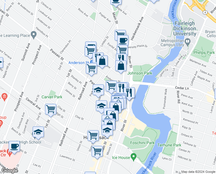 map of restaurants, bars, coffee shops, grocery stores, and more near 424 Union Street in Hackensack