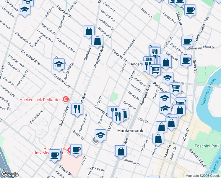 map of restaurants, bars, coffee shops, grocery stores, and more near 305 2nd Street in Hackensack