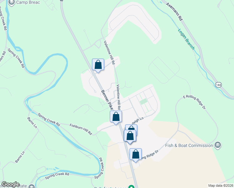 map of restaurants, bars, coffee shops, grocery stores, and more near 603 Valentine Hill Road in Bellefonte